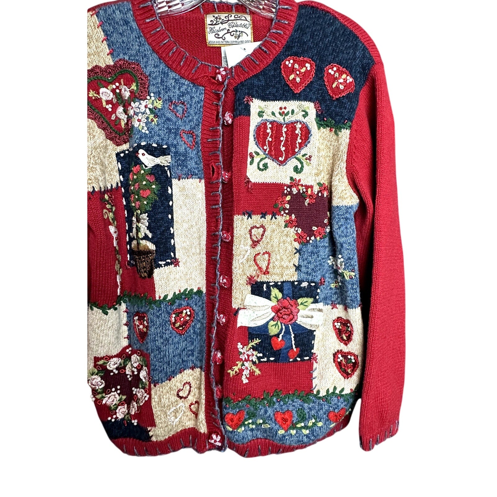 Preloved - Vintage Heirloom Valentine Collectible - Cardigan - Red/ Multicolor